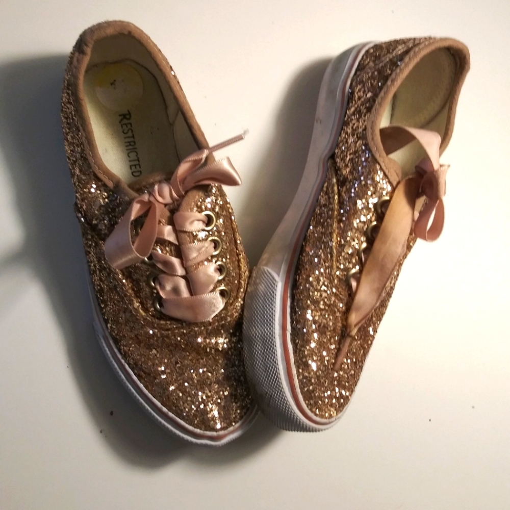 Restricted size 13 girls gold sparkling lace up shoes